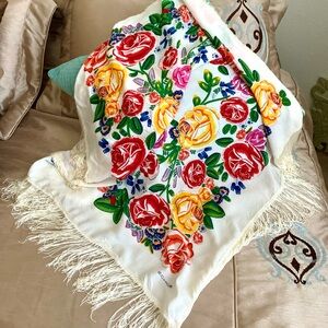 Echo Floral Embroidered Fringe Shawl